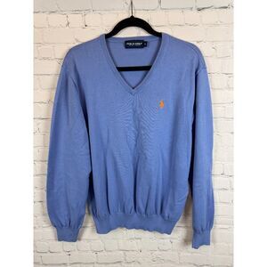 RALPH LAUREN POLO GOLF blue cotton cashmere logo mens knit sweater pullover L